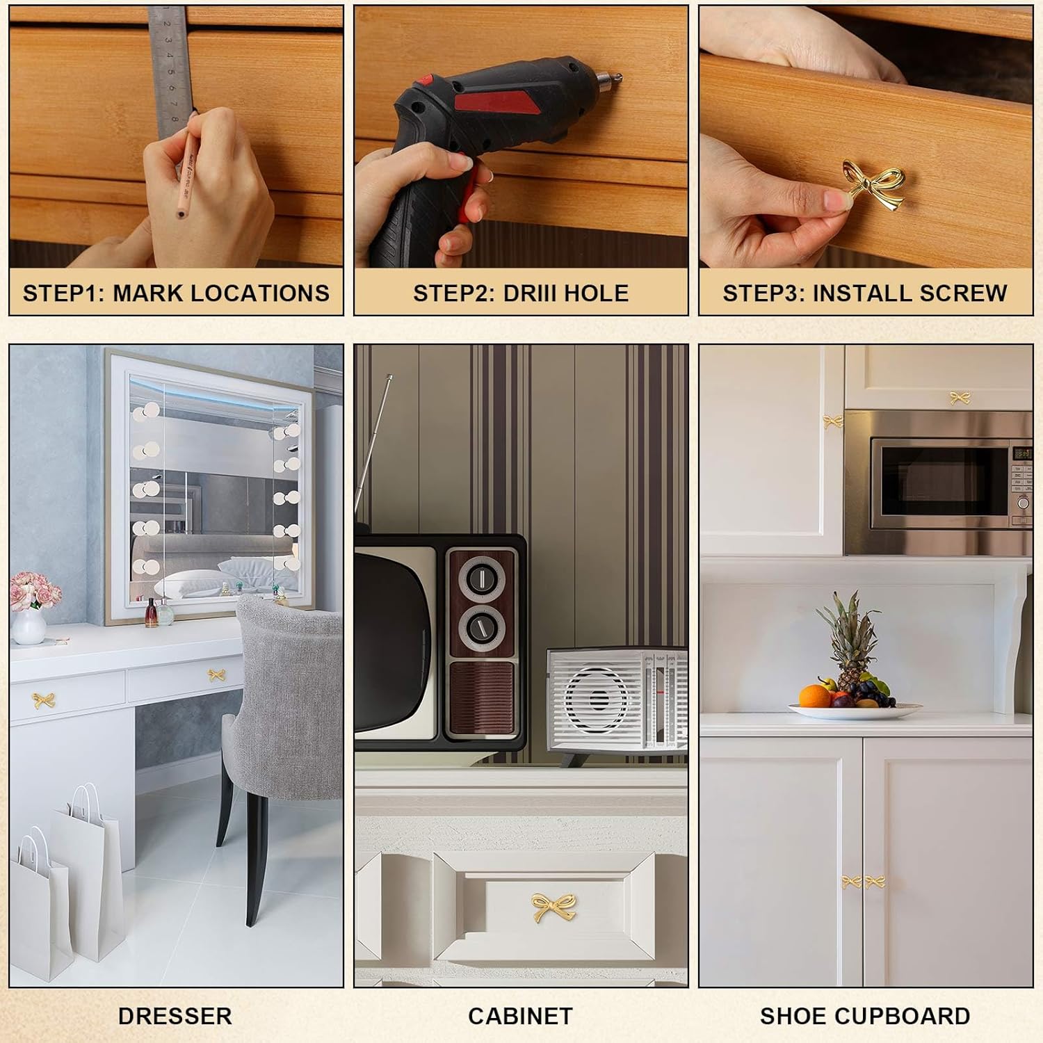 8-Piece Metal Bow Knobs for Drawers and Cabinets Gold Tone Vintage Design Durable and Elegant