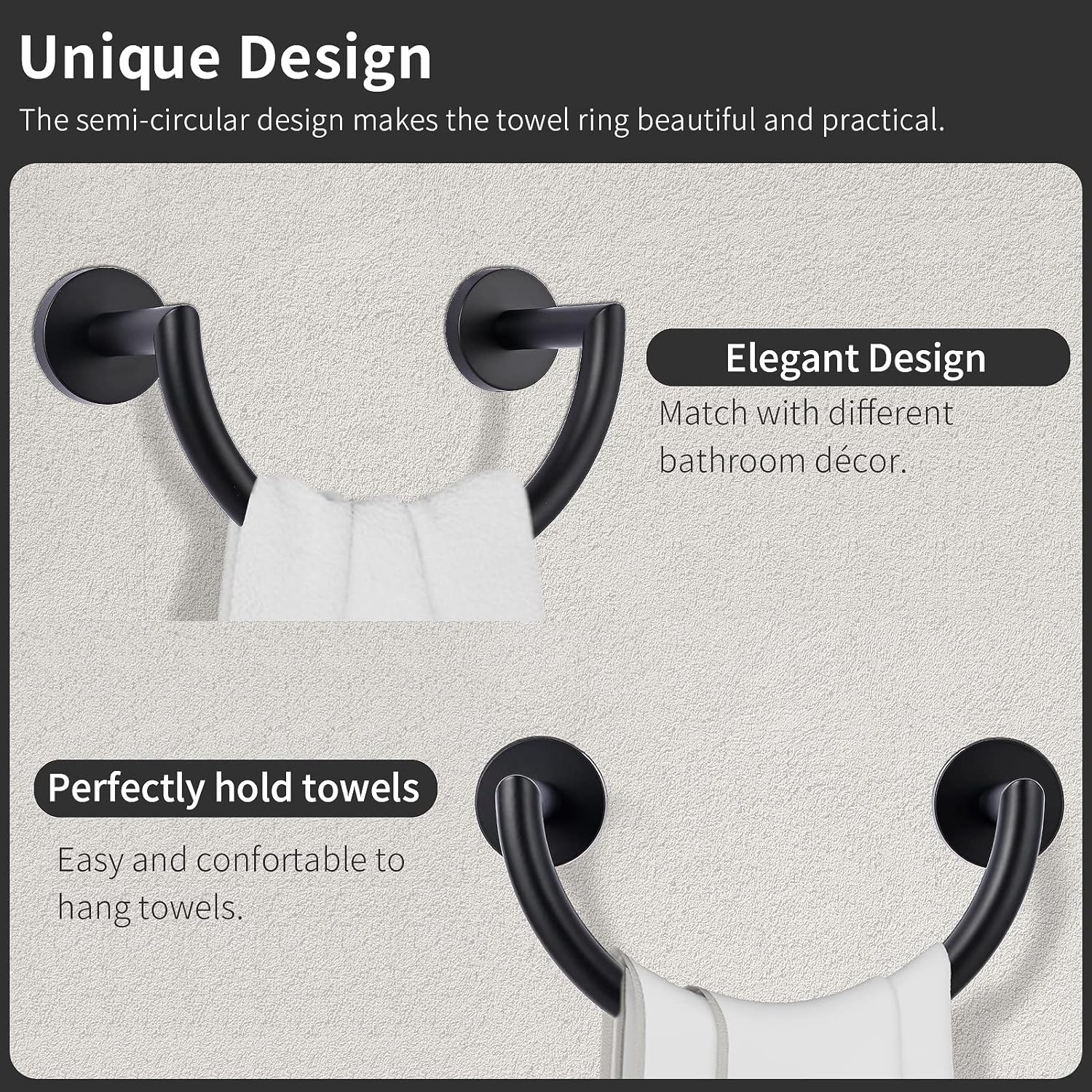 HouseAid - Stainless Steel Towel Holder Modern Bathroom Towel Ring for Hand Face Removal Wall-Mounted Matte Black